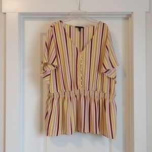 Lane Bryant Womens Peplum Top Sz 24 Short Sleeve V-Neck Smock Waist Stripe Pink